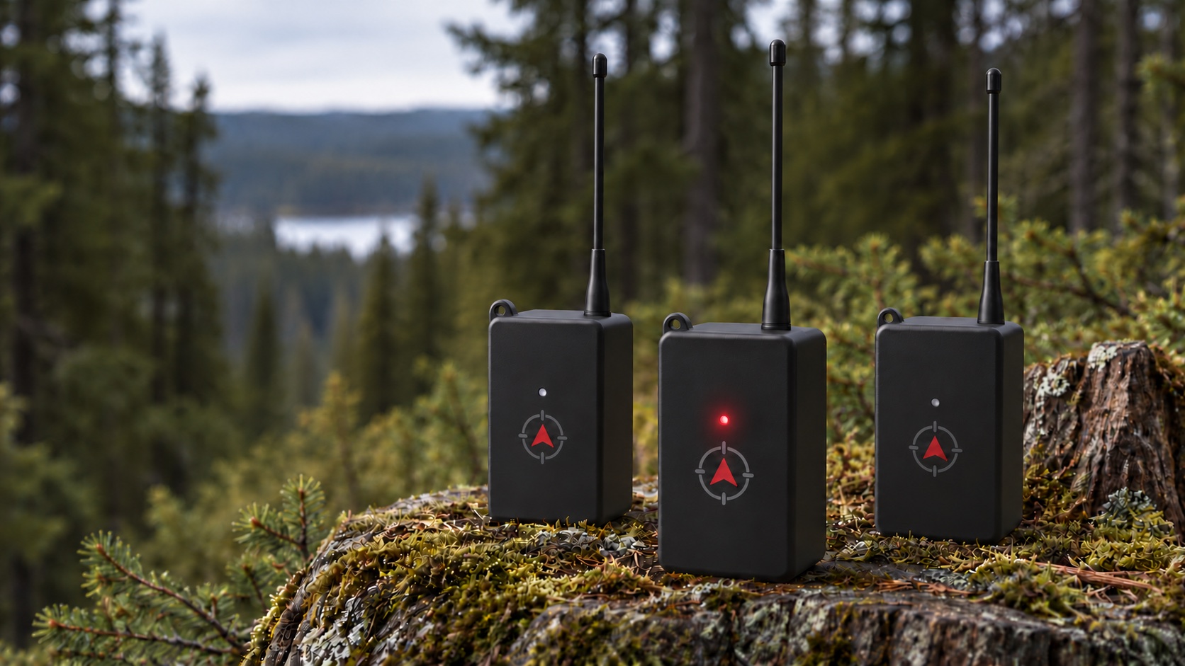 Приёмник и два GPS-передатчика Взагоне в лесу